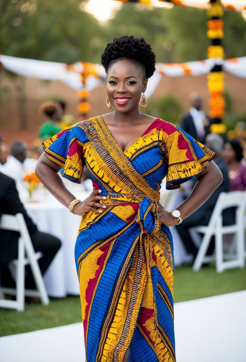 A woman in a colorful Kitenge wrap dress, adorned with intricate patterns and vibrant colors, stands confidently at an African wedding celebration