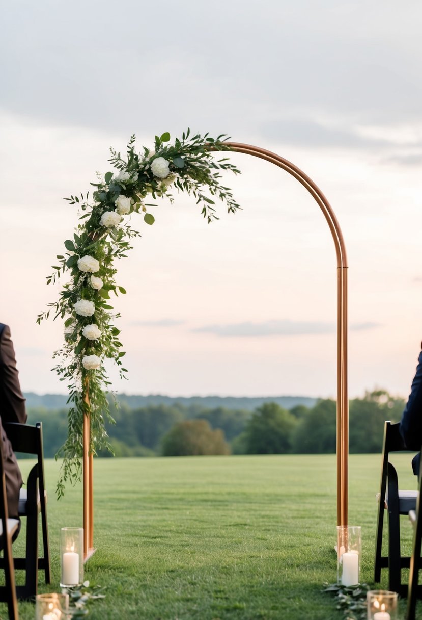 A simple copper arch adorned with greenery and minimal decor for a wedding ceremony