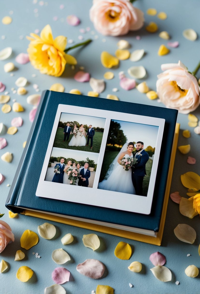 A whimsical Polaroid album with wedding-themed photos, surrounded by scattered confetti and flower petals