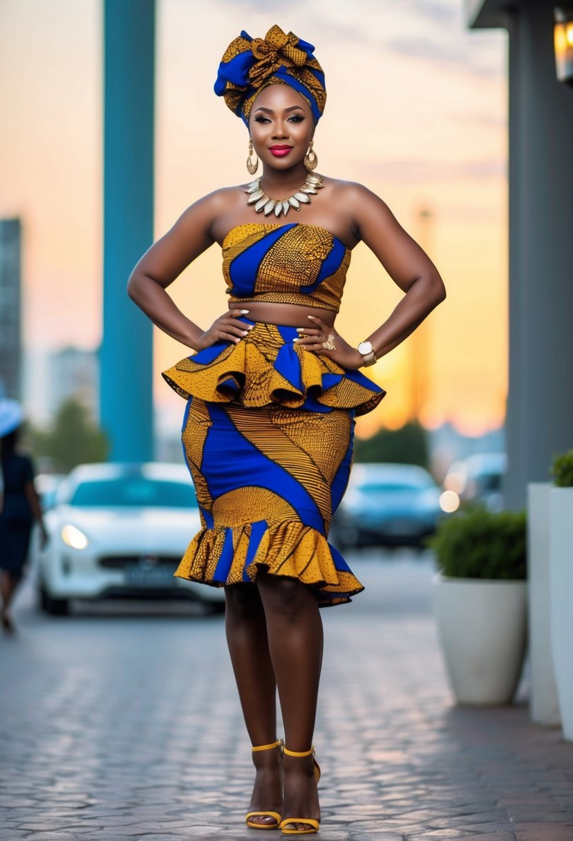 A vibrant high-waist Ankara skirt with ruffles, paired with a matching top, accessorized with bold statement jewelry and a stylish headwrap