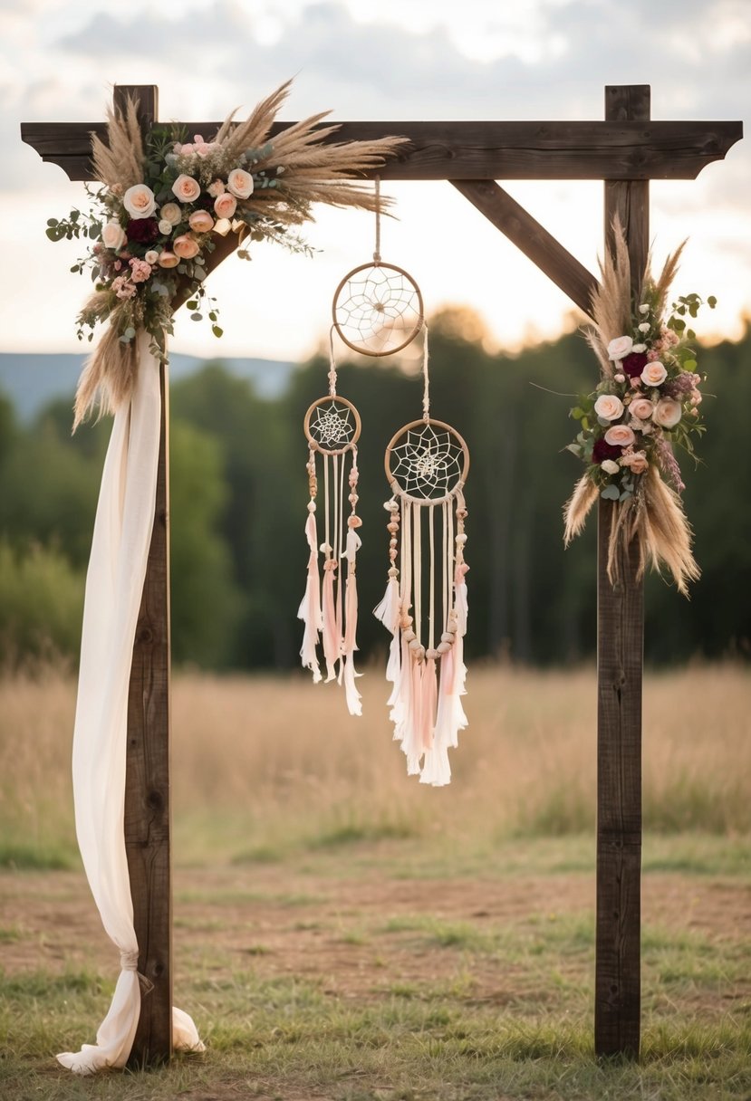 A wooden arch adorned with bohemian-style decorations stands in a rustic outdoor setting, with flowing fabric, flowers, and dreamcatchers hanging from the structure