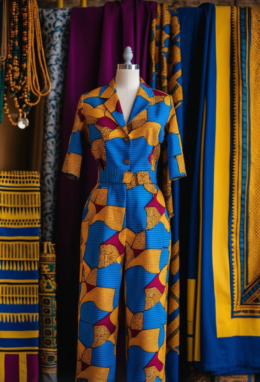 A vibrant African print jumpsuit displayed on a mannequin against a backdrop of traditional African fabric and accessories