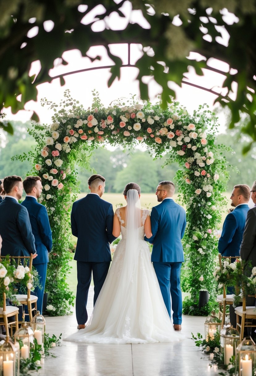 A lush floral archway frames an open-air wedding ceremony