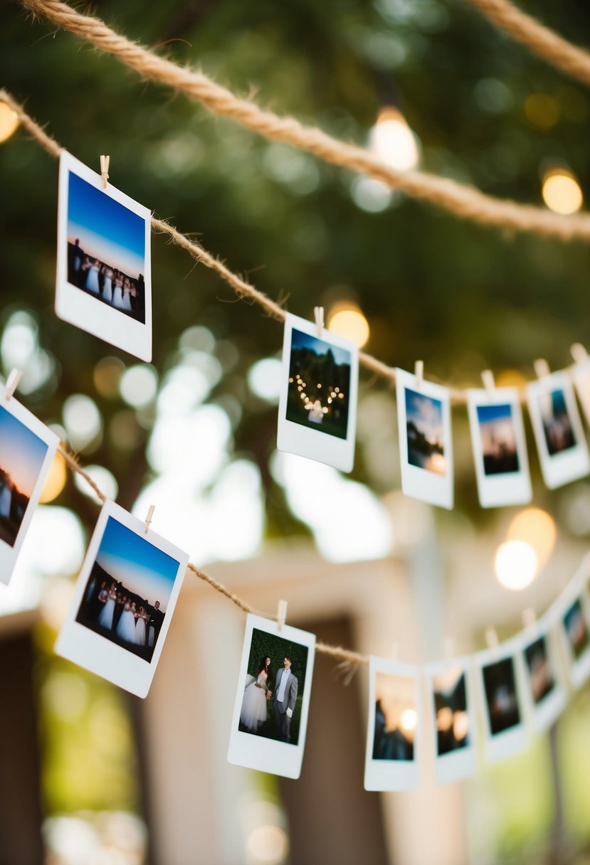 Polaroid pictures strung together with twine, hanging as garland above a wedding reception, adding a vintage touch to the decor