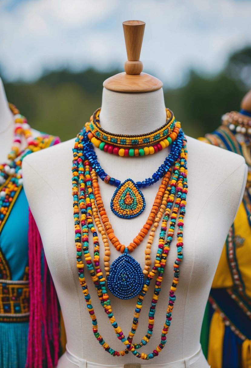 A colorful array of bohemian beaded accessories adorns a mannequin, perfect for an African wedding guest outfit