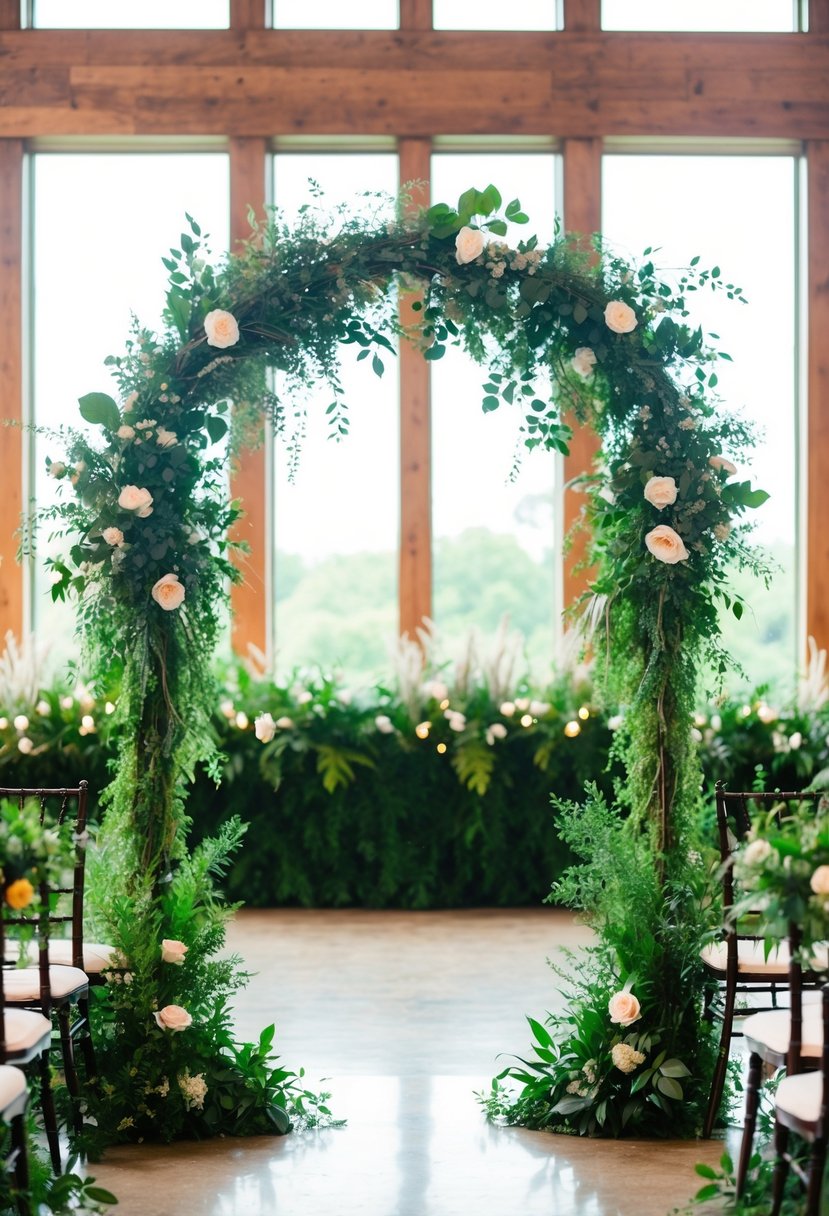 A lush greenery arch stands as a focal point in a wedding setting, adorned with fresh foliage and vibrant botanicals