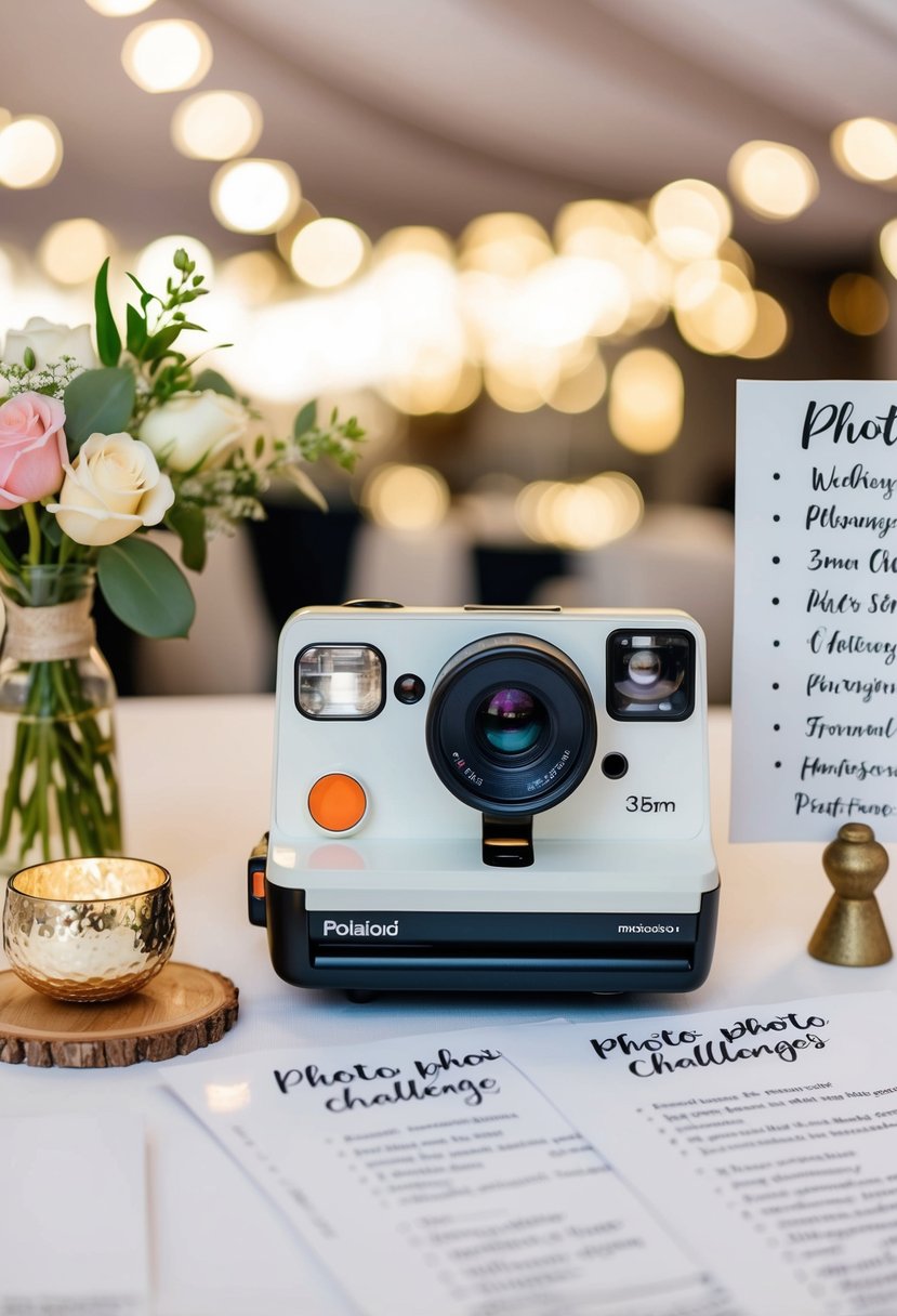 A table with a Polaroid camera, wedding decor, and a list of photo challenges