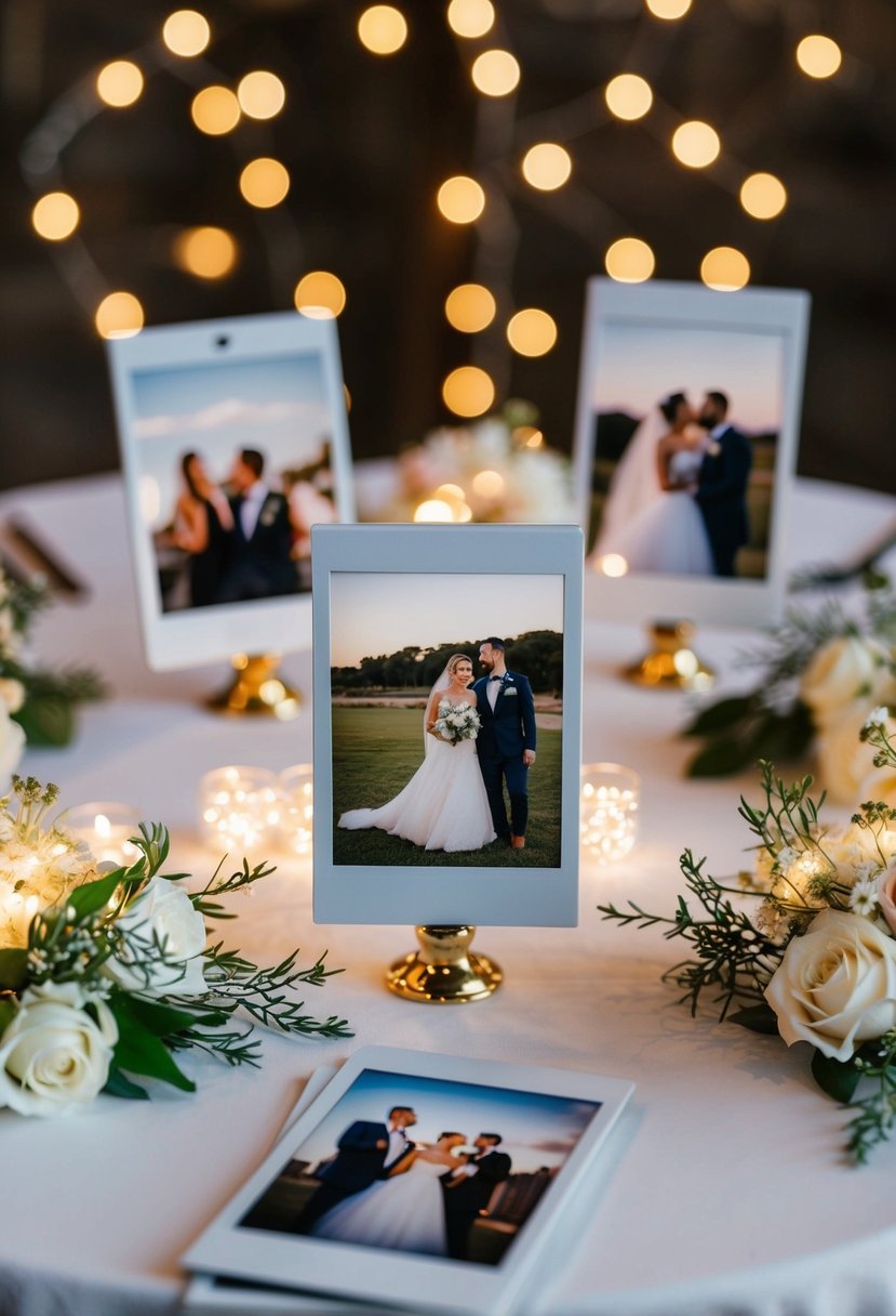 A table displays a collection of Polaroid photos, each featuring a different wedding moment, surrounded by delicate floral arrangements and twinkling fairy lights