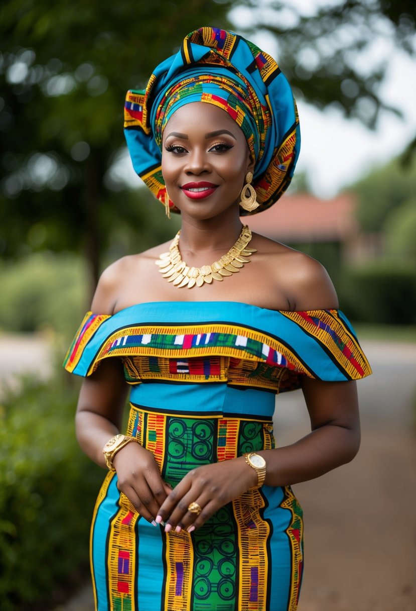 An off-shoulder Kente dress with vibrant colors and intricate patterns, accessorized with gold jewelry and matching headwrap