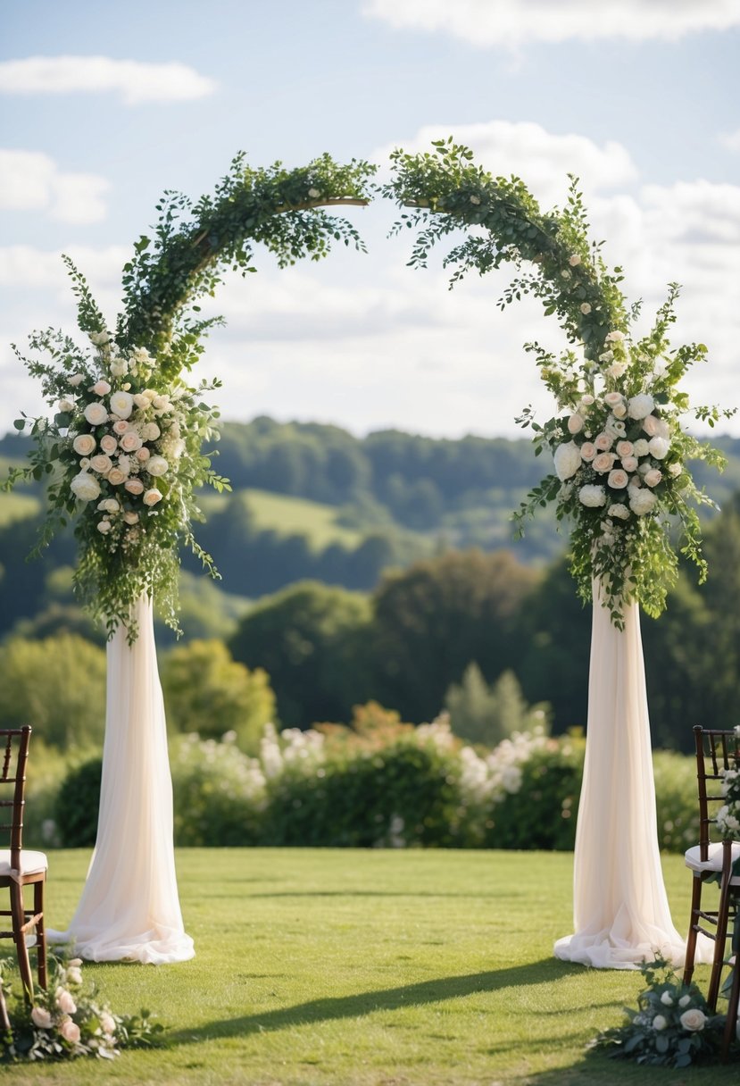 A grand wedding arch with two intertwining arches, adorned with flowers and greenery, set against a picturesque outdoor backdrop