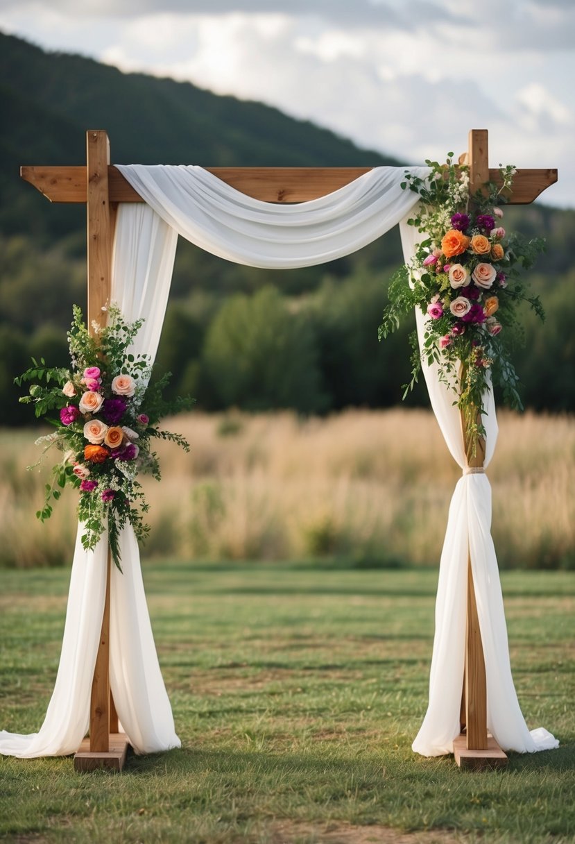 A wooden arch adorned with flowing fabric and vibrant flowers stands in a rustic outdoor setting