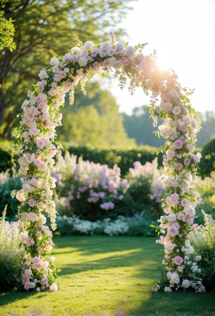 A delicate flower arch stands in a sunlit garden, adorned with pastel blooms and lush greenery, creating a romantic and ethereal atmosphere