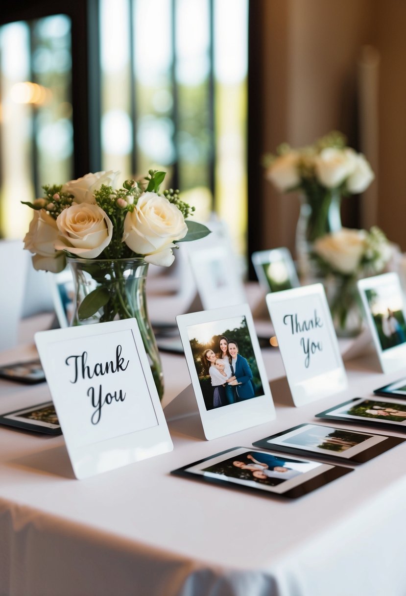 A table with thank-you notes and Polaroid keepsake cards arranged in a decorative display