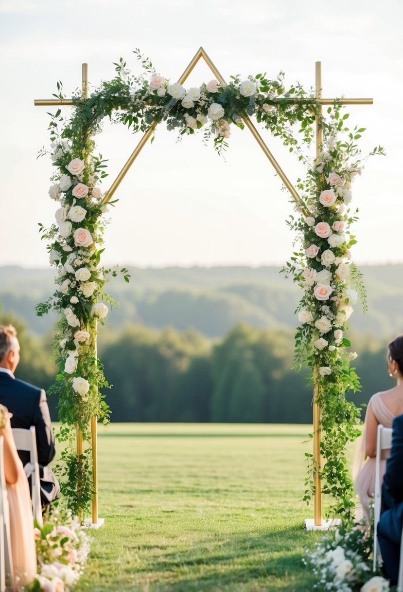 A gold triangular arch stands adorned with flowers and greenery, set against a backdrop of a serene outdoor wedding ceremony