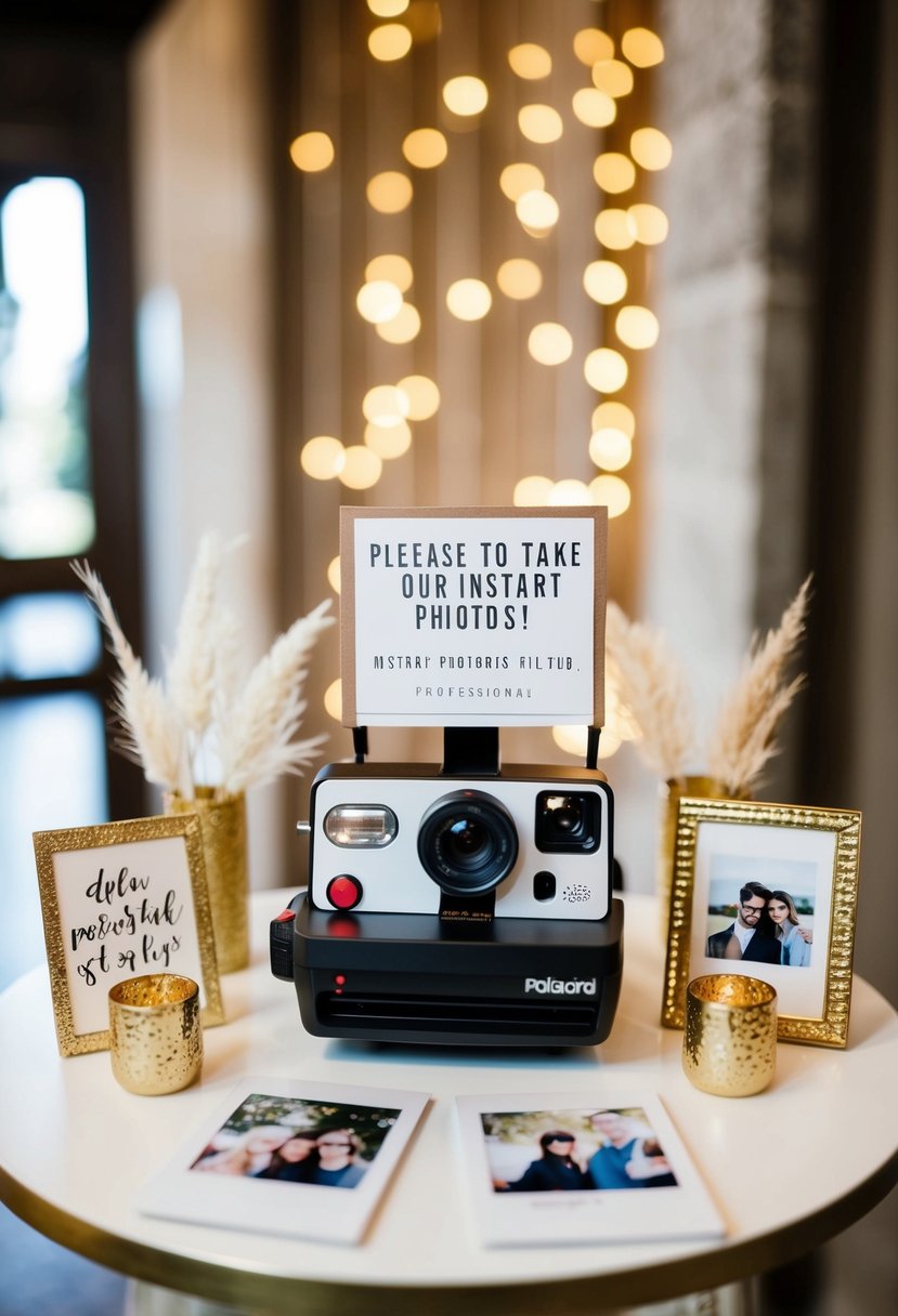 A Polaroid camera sits on a table by the entrance, surrounded by decorative props and a sign inviting guests to take instant photos