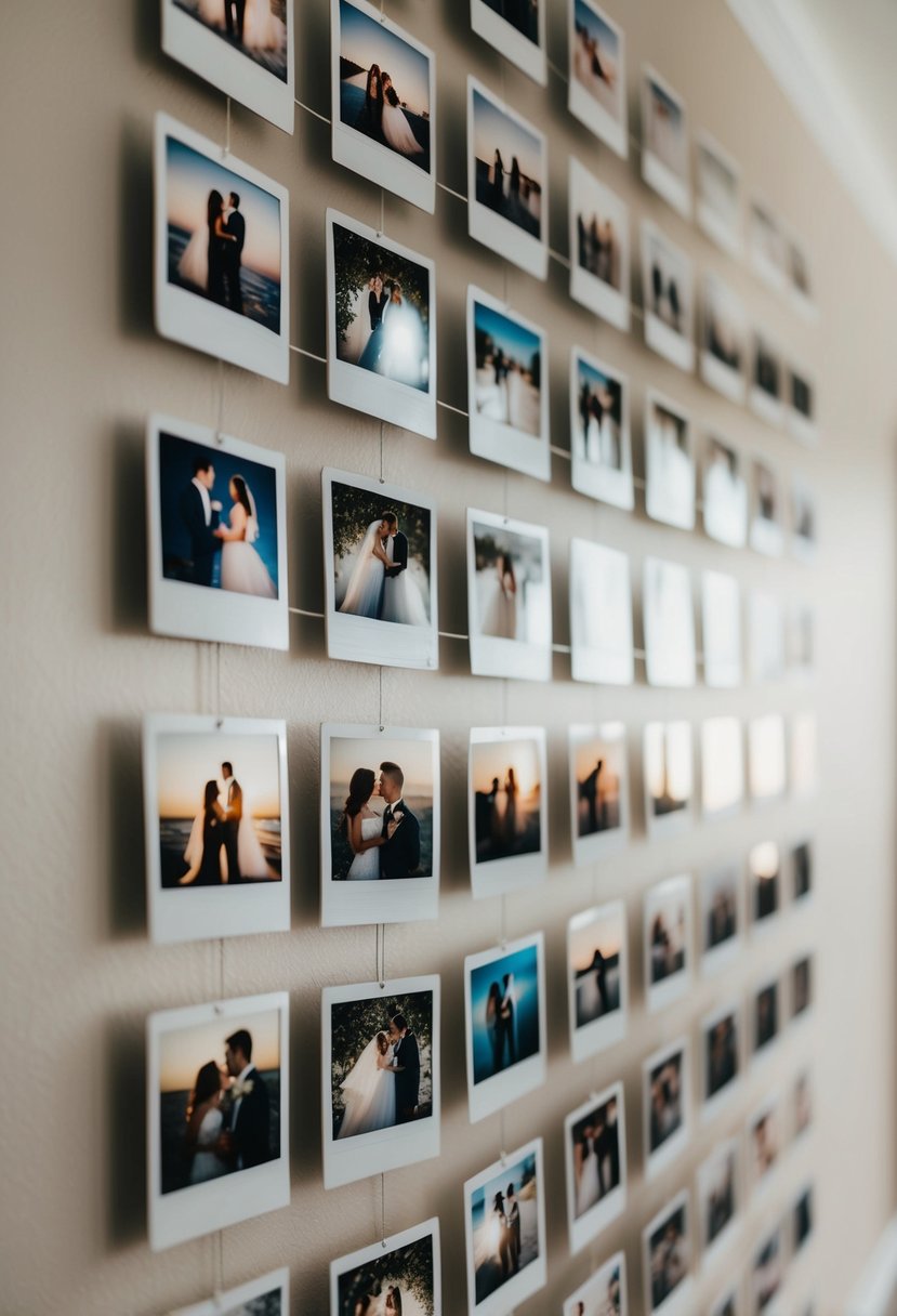 Polaroid pictures arranged in a timeline on a wall, capturing key moments of a love story - from the first date to the wedding day