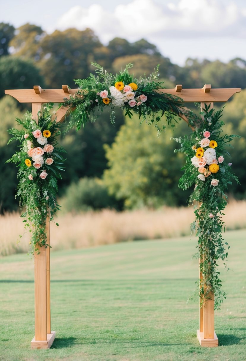 A wooden wedding arch adorned with lush greenery and vibrant flowers, set against a natural backdrop