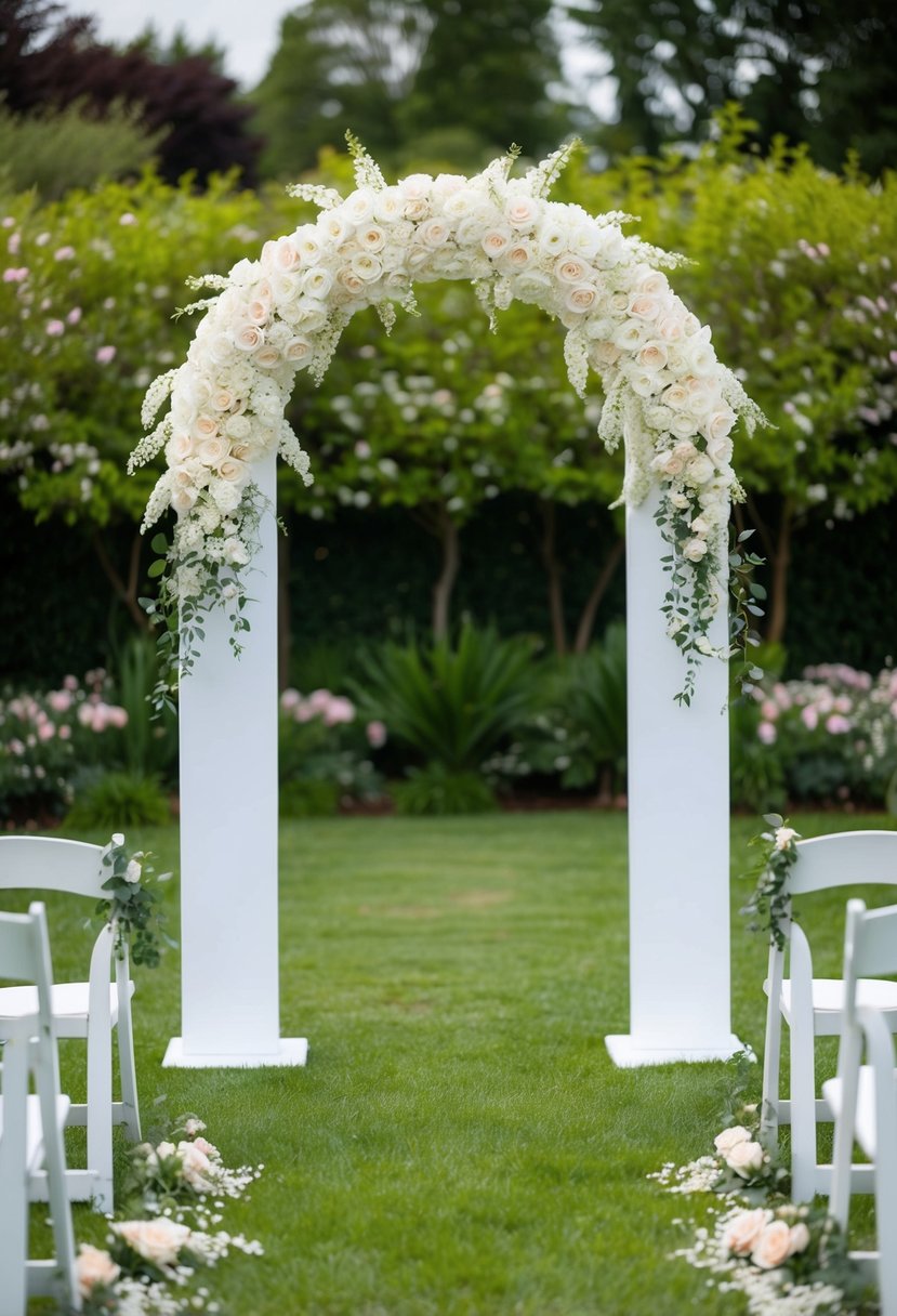 A white silk flower budget arch stands in a garden, adorned with delicate blooms and greenery, creating a romantic setting for a wedding ceremony