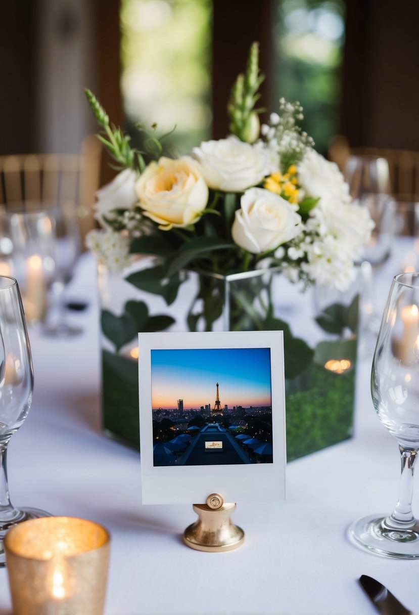 Polaroid picture centerpieces adorn wedding tables, adding a nostalgic touch to the decor