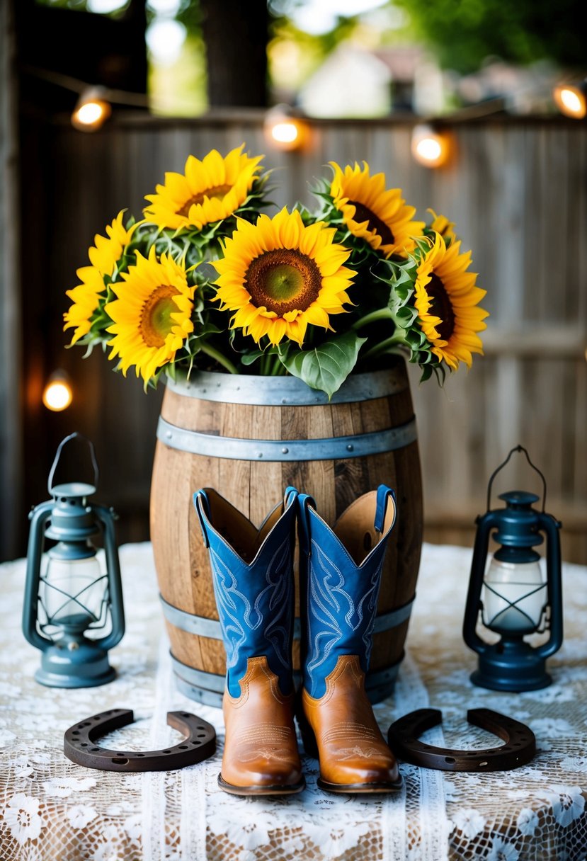 A wooden barrel filled with sunflowers and cowboy boots, surrounded by horseshoes and lanterns on a lace tablecloth