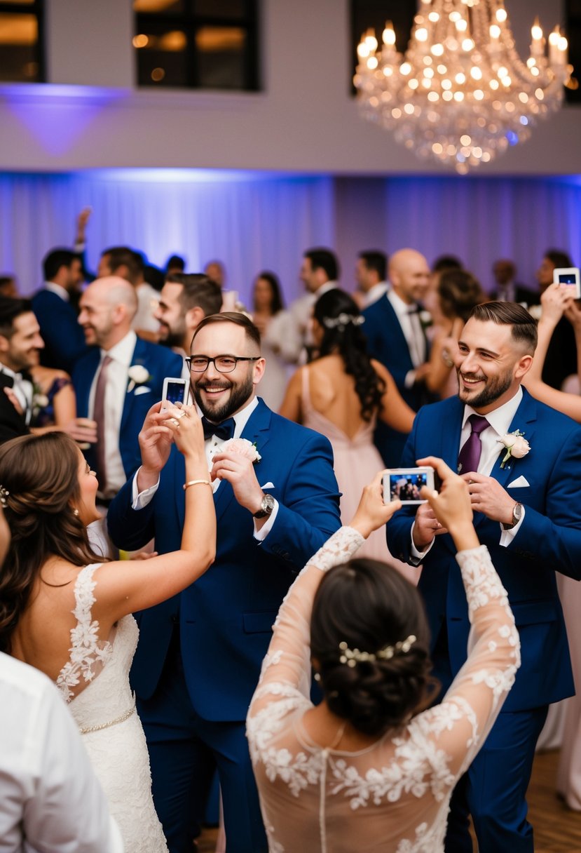 A joyful wedding reception with Polaroid photographers capturing candid moments of guests mingling, dancing, and celebrating