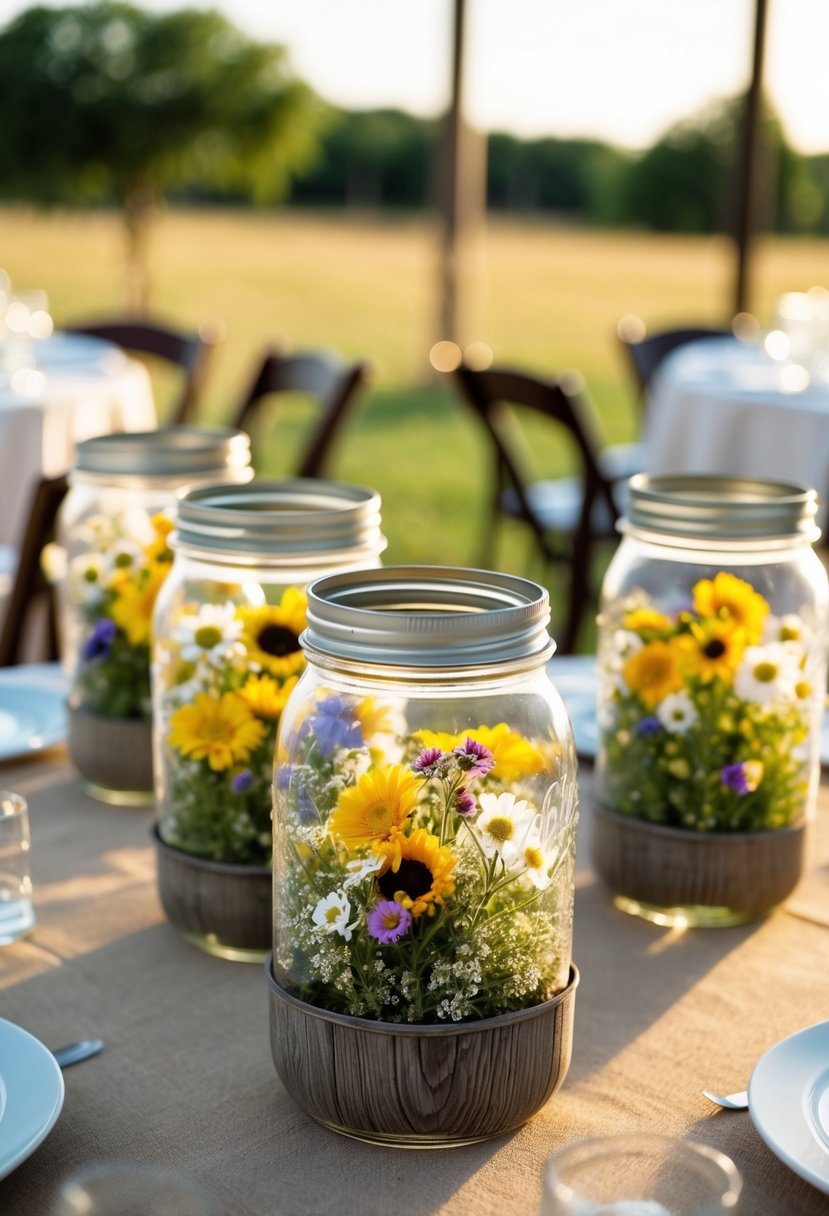 Mason jar lanterns filled with wildflowers as centerpieces for a western wedding