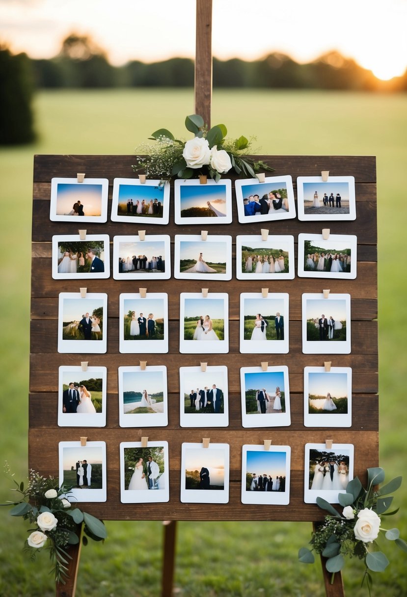 Polaroid photos arranged on a rustic wooden board for a wedding seating chart display