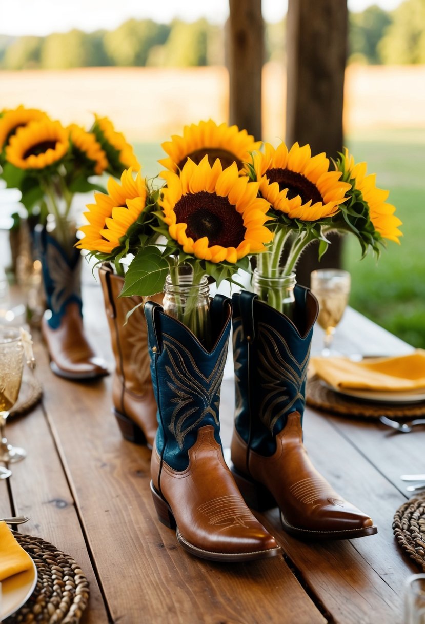 A rustic wooden table adorned with cowboy boot vases filled with vibrant sunflowers, creating a charming western wedding centerpiece