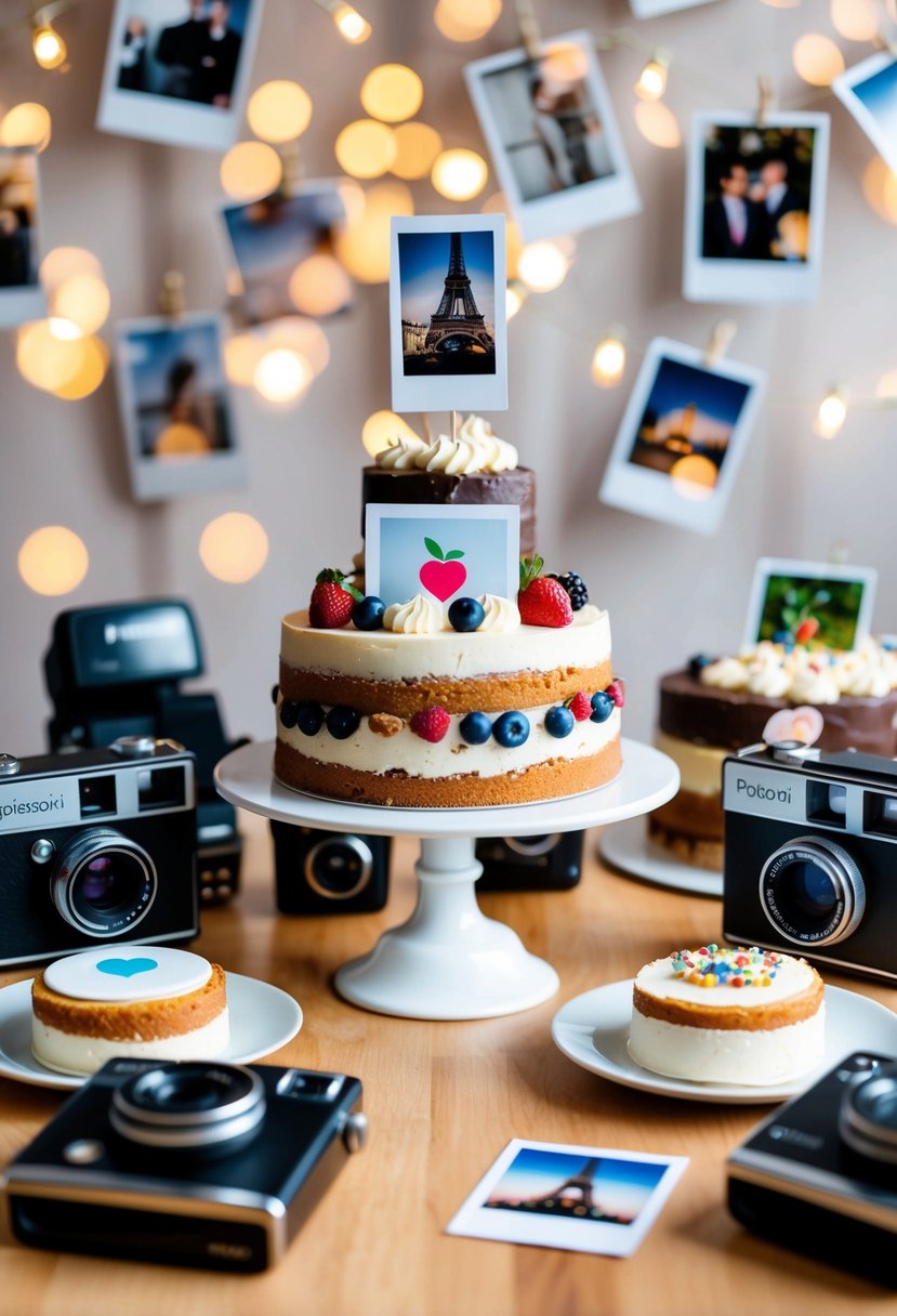 A dessert table adorned with Polaroid-themed cakes and treats, surrounded by vintage cameras and photos