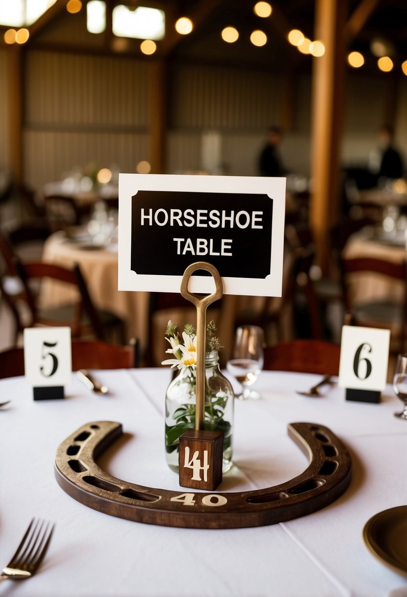 A horseshoe table with western-themed centerpieces and number holders