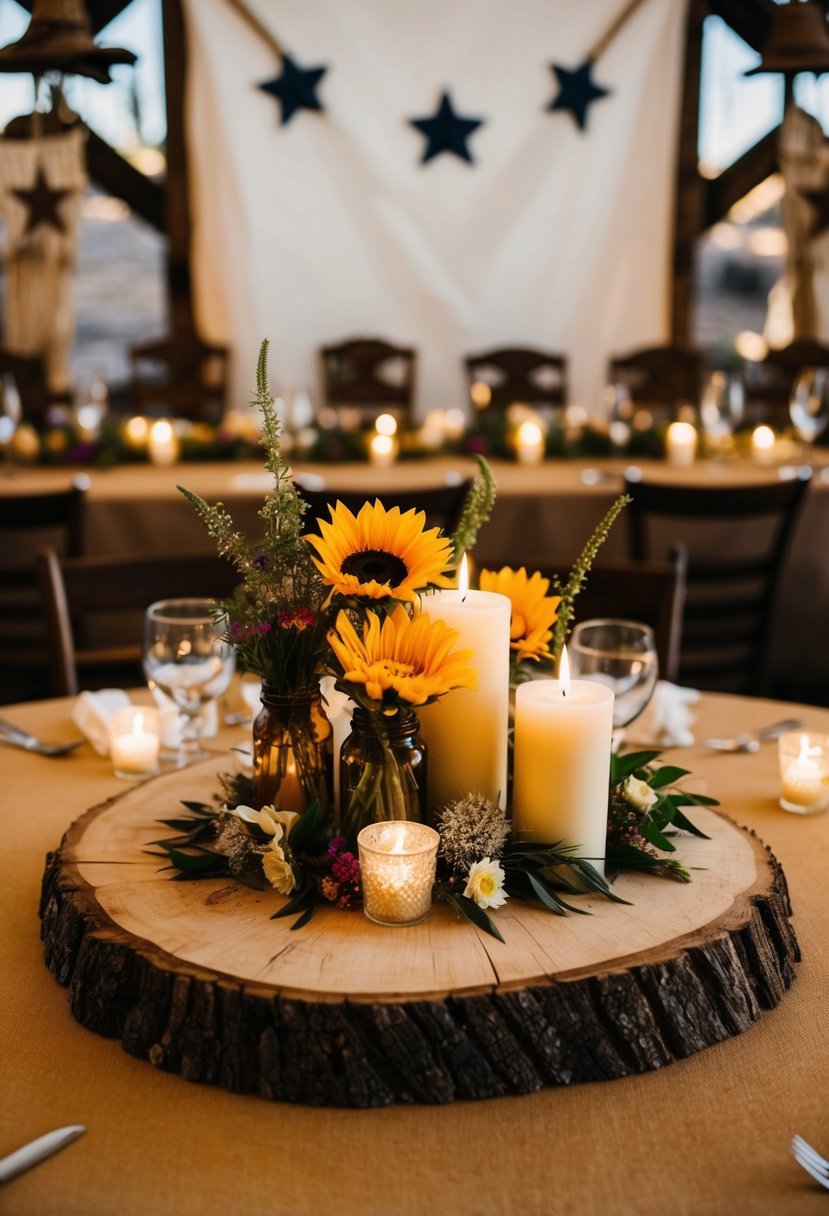 A rustic wood slab centerpiece adorned with wildflowers and candles, set against a backdrop of western-themed decor