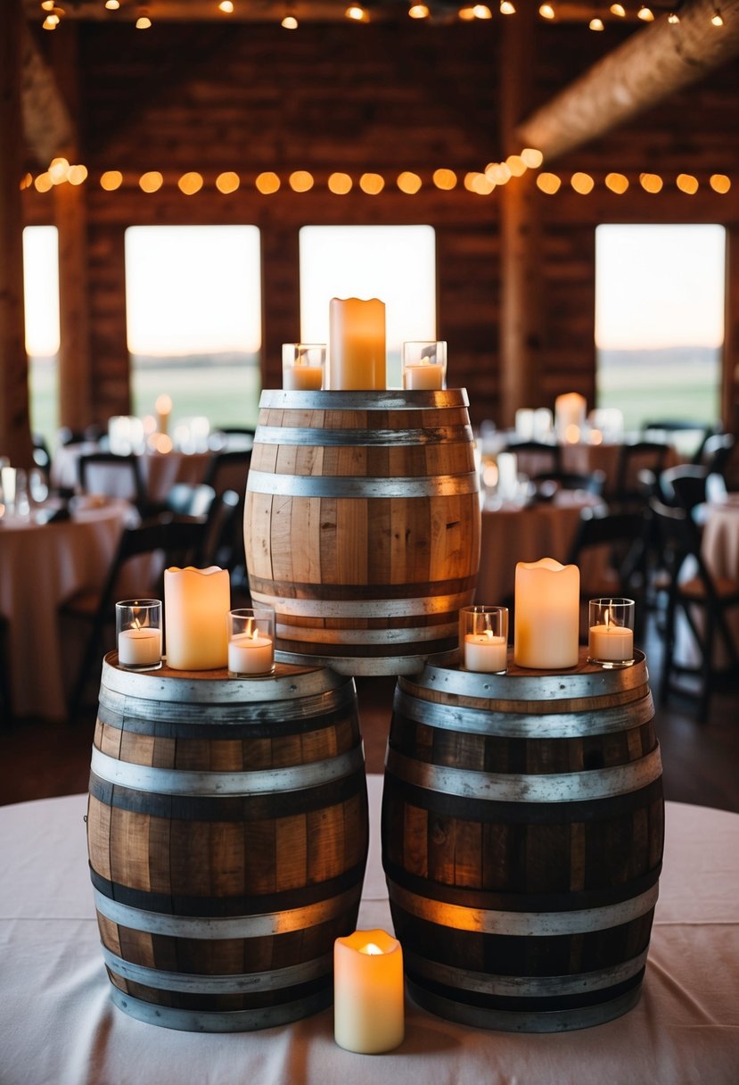 Whiskey barrels topped with candles, set as centerpieces for a western wedding