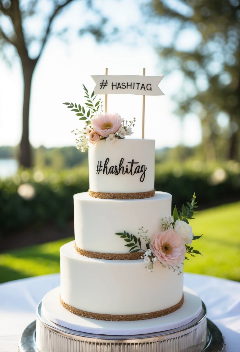 A beautifully decorated wedding cake with a hashtag banner and floral accents