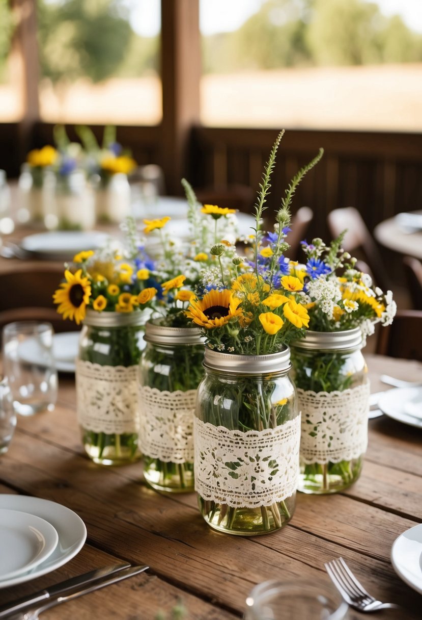 Mason jars wrapped in lace, filled with wildflowers, and placed on wooden tables for a rustic western wedding centerpiece