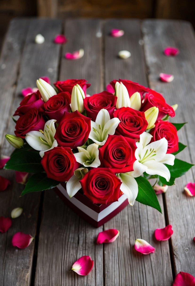 A heart-shaped bouquet of red roses and white lilies surrounded by scattered rose petals on a rustic wooden table