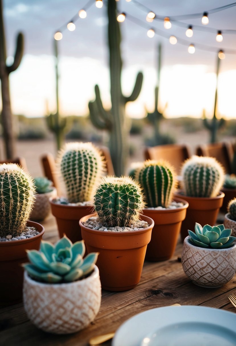 Mini cactus and succulent pots arranged on a rustic wooden table with desert-themed decor for a western wedding centerpiece