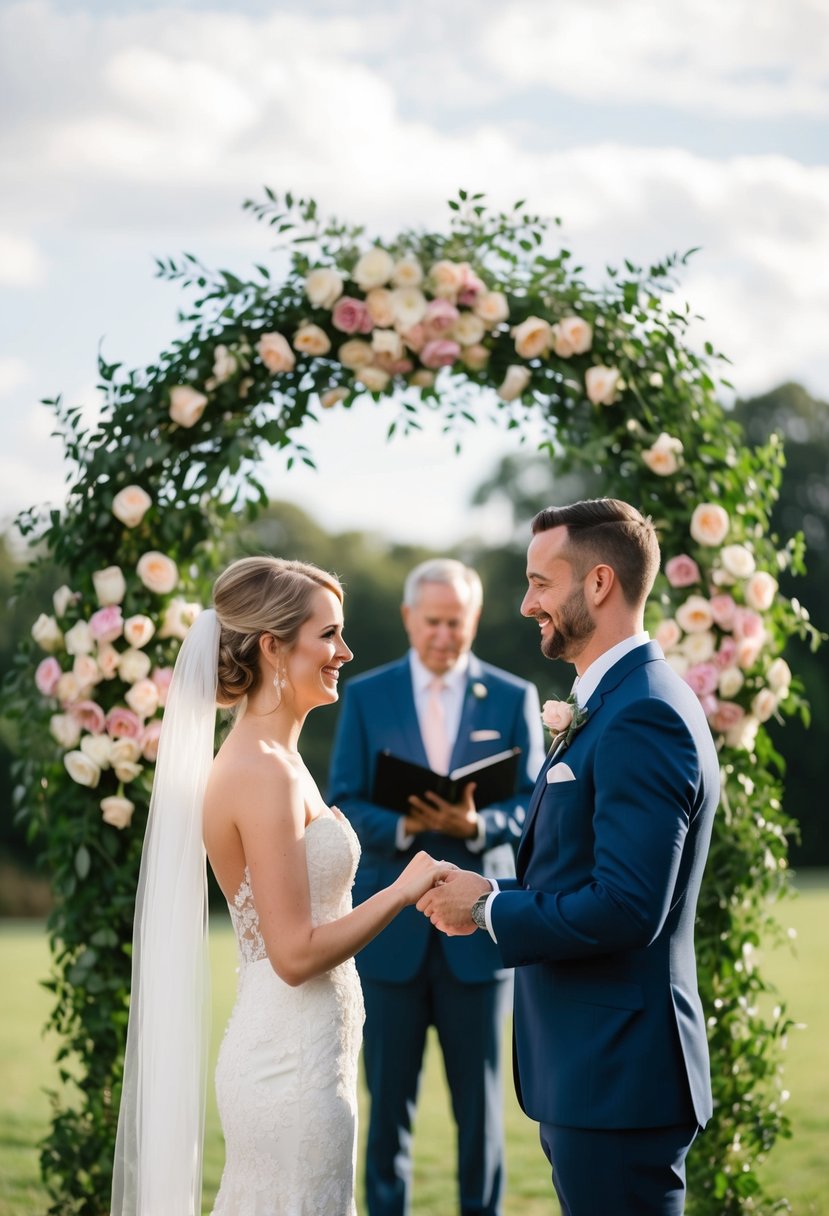 A bride and groom exchanging vows under a floral arch