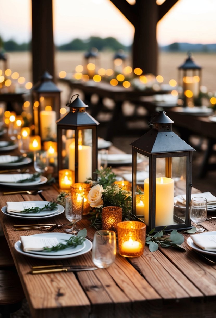 Rustic wooden tables adorned with vintage lanterns and flickering candles, creating a warm and romantic ambiance for a western wedding centerpiece