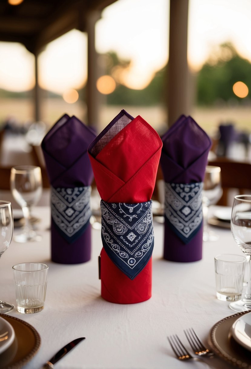 Bandana-wrapped napkin holders arranged as western wedding centerpiece