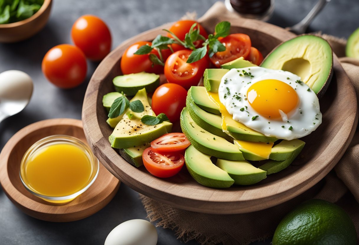 A colorful breakfast bowl filled with sliced avocado, tomatoes, and eggs, surrounded by a variety of keto-friendly ingredients