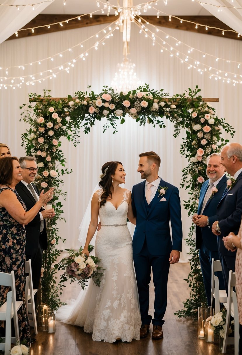 A bride and groom standing under a floral arch, surrounded by twinkling lights and happy guests