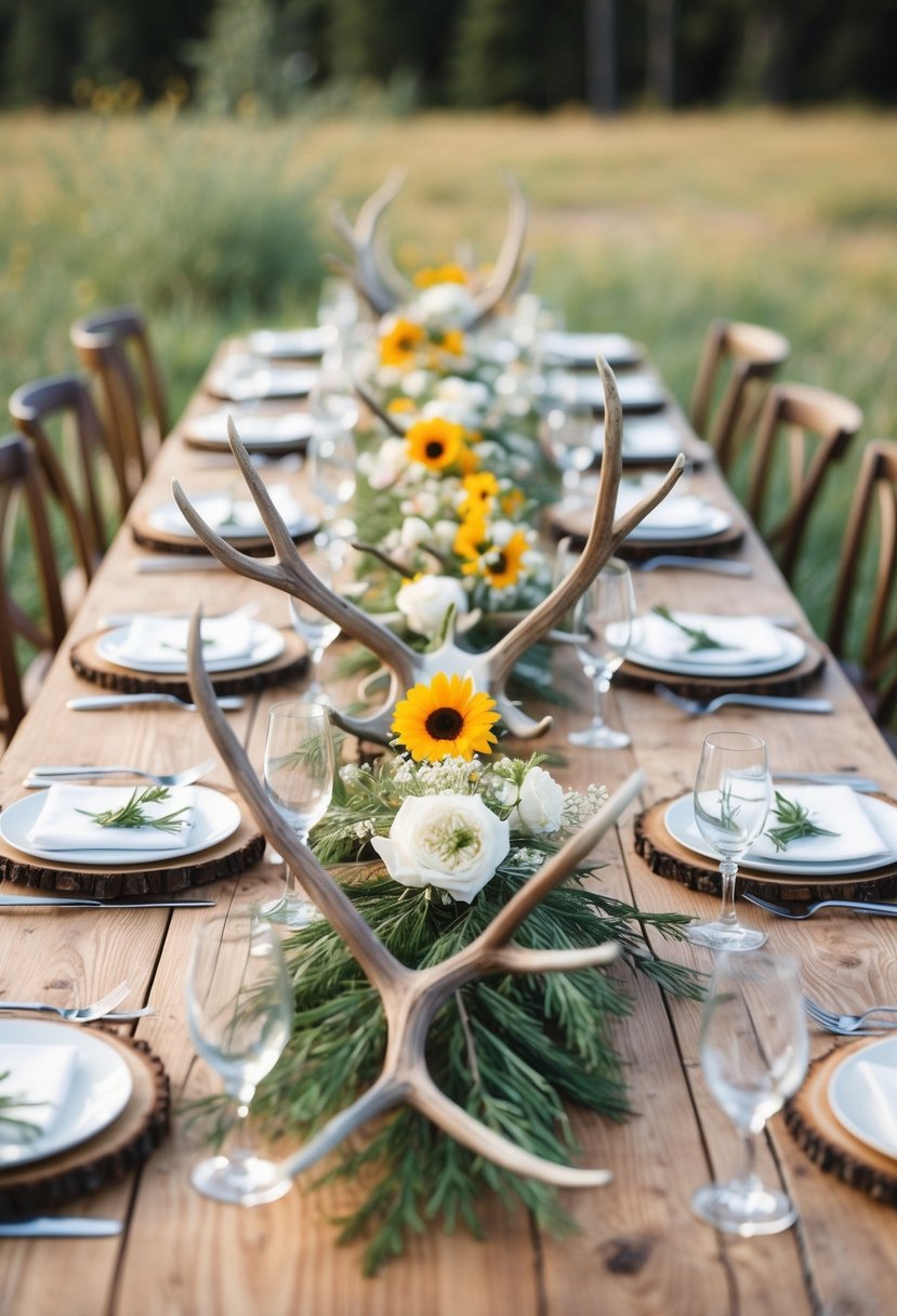 A wooden table adorned with antler arrangements and wildflowers for a rustic western wedding centerpiece