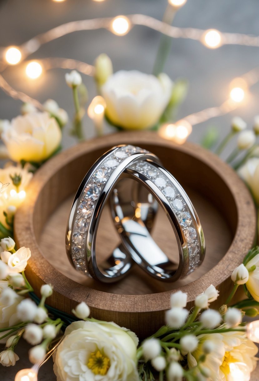 A pair of interlocked wedding rings surrounded by delicate floral arrangements and twinkling fairy lights