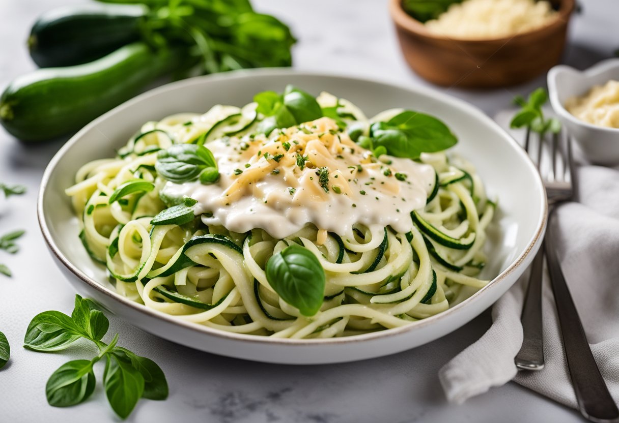 A plate of zucchini noodles topped with creamy alfredo sauce, surrounded by 11 other keto spa resort meal options