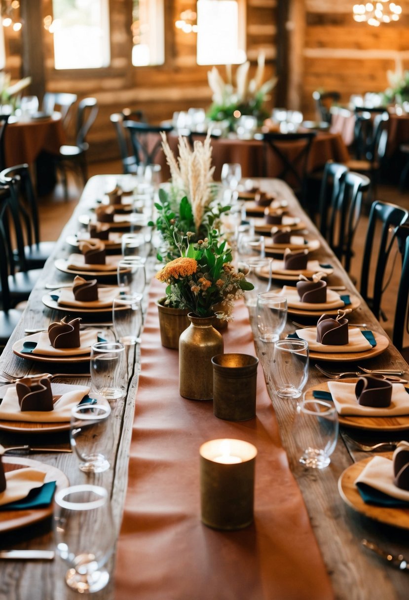 A rustic wooden table adorned with leather runners, surrounded by western-themed centerpieces