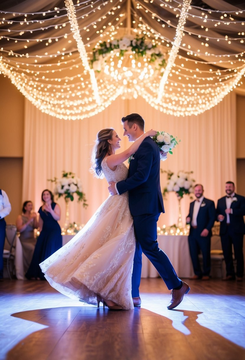 A couple twirling on a dance floor surrounded by twinkling lights and romantic decor