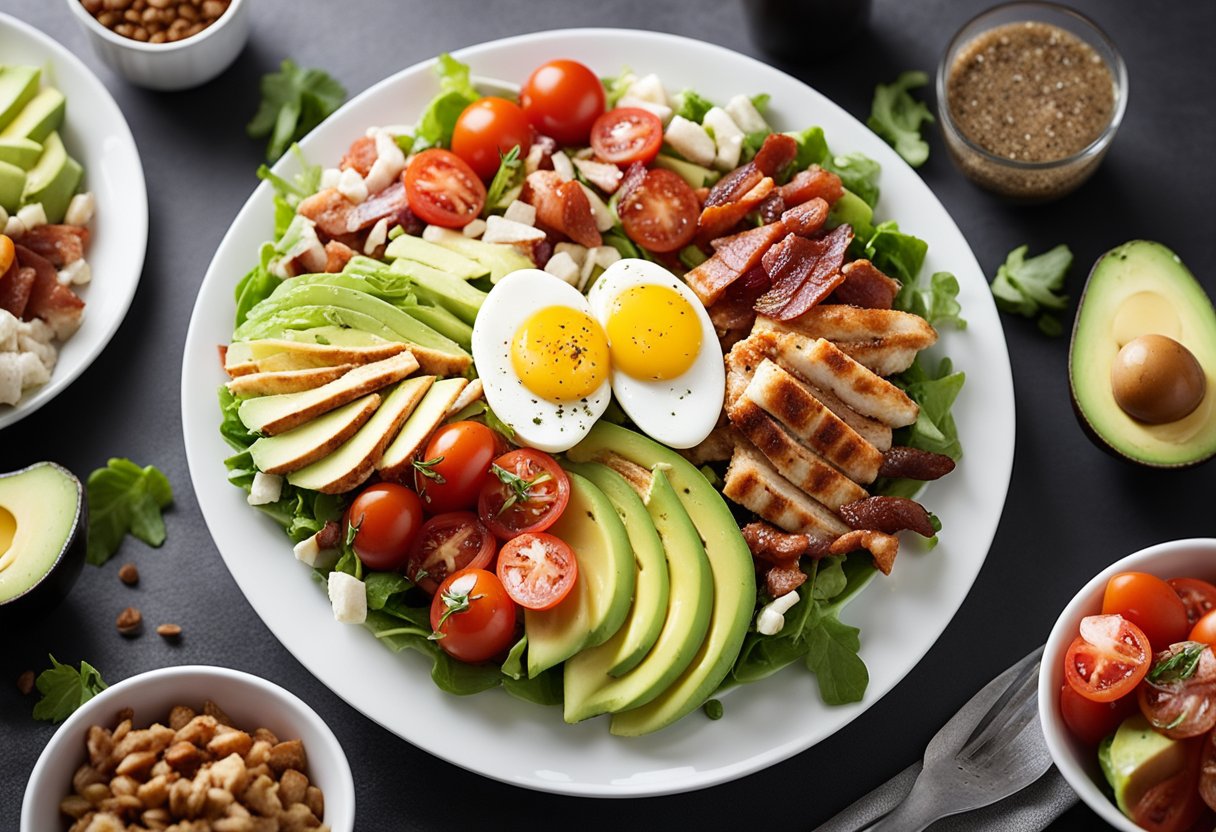 A colorful Cobb salad with grilled chicken, avocado, tomatoes, hard-boiled eggs, and crispy bacon arranged on a white plate