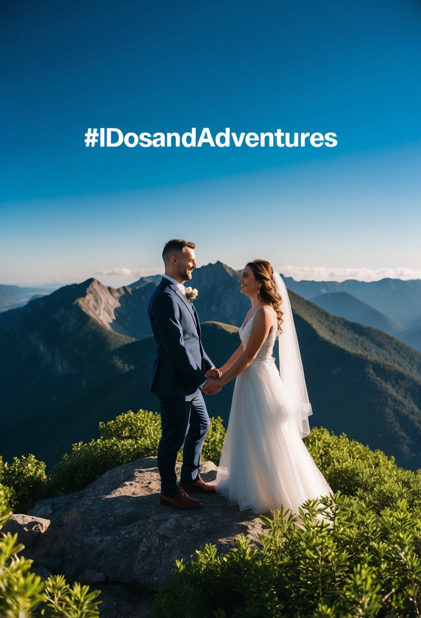 A wedding couple standing on a mountain peak, surrounded by lush greenery and a clear blue sky, with the hashtag #IDosAndAdventures displayed prominently