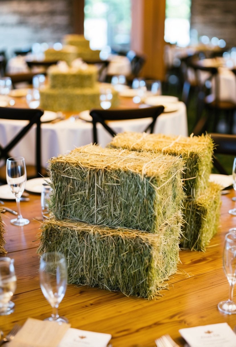 Mini hay bales arranged as centerpieces on tables at a western-themed wedding