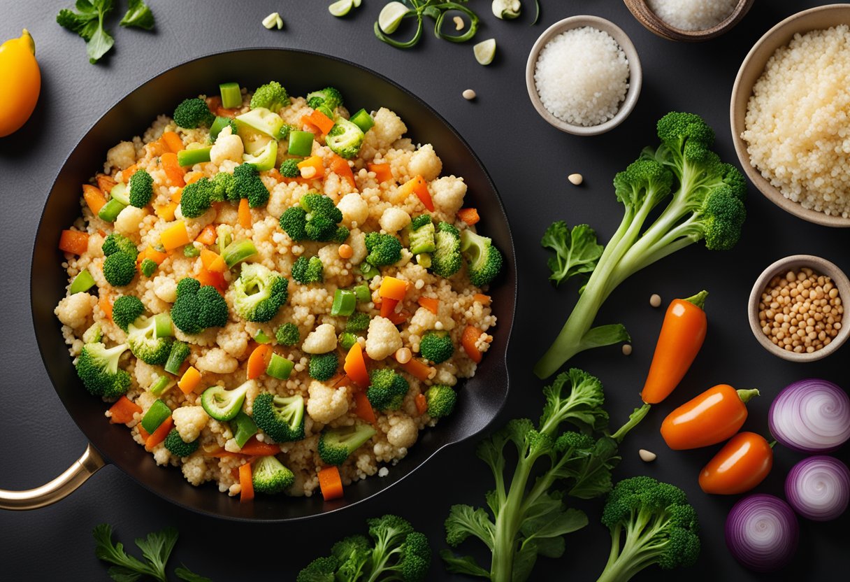 A colorful stir-fry of cauliflower rice, mixed vegetables, and protein sizzling in a wok on a modern kitchen counter